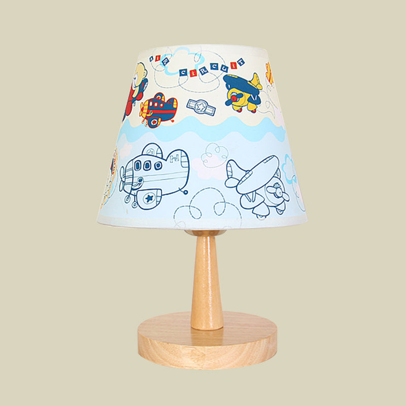 Fabric Conical Table Lamp Cartoon 1 Head Wood Nightstand Light with Airplane/Elephant/Bear Pattern for Bedroom Clearhalo 'Lamps' 'Table Lamps' Lighting' 898037