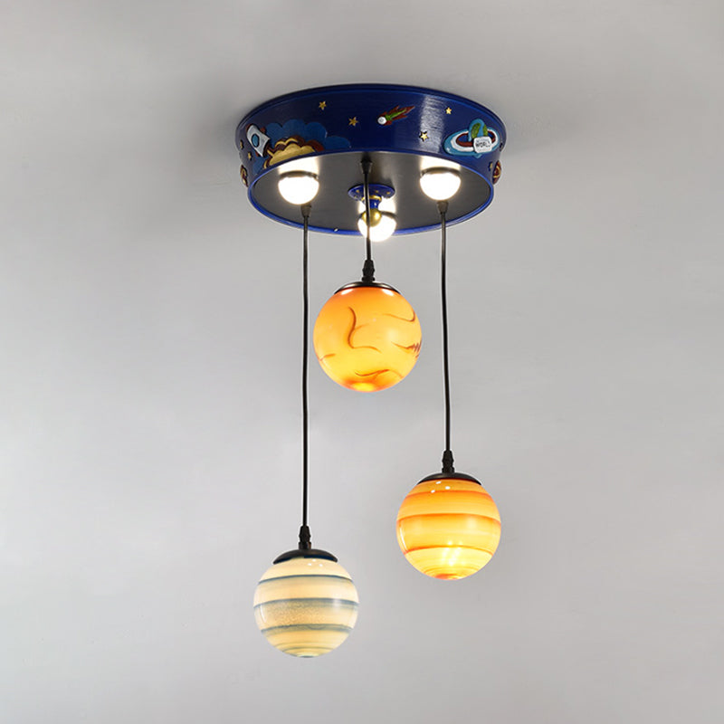 Kids 3-Bulb Cluster Pendant Blue Planet Hanging Ceiling Light with Frosted Glass Shade for Nursery Clearhalo 'Ceiling Lights' 'Pendant Lights' 'Pendants' Lighting' 898151