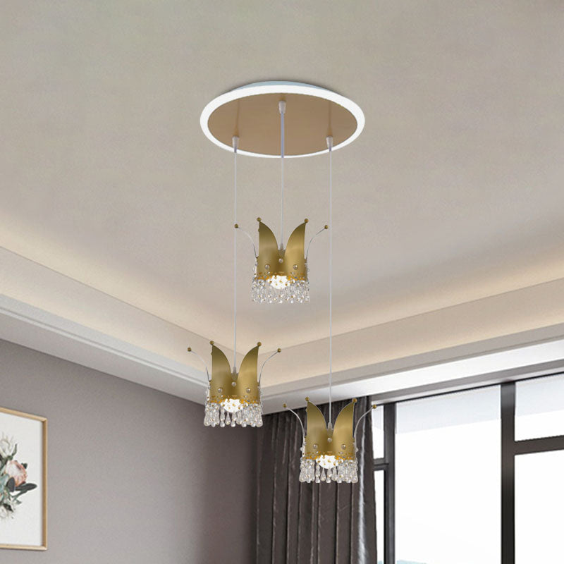 Contemporary Crown Cluster Pendant Iron 3 Heads Nursery Suspension Light in Gold with Crystal Drop Clearhalo 'Ceiling Lights' 'Pendant Lights' 'Pendants' Lighting' 898154