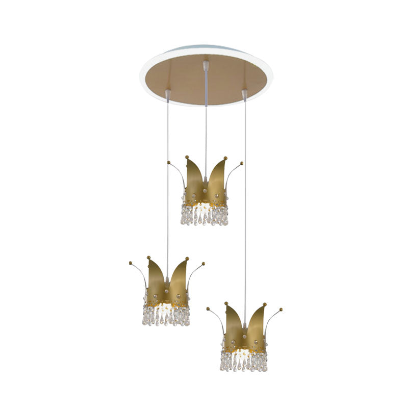 Contemporary Crown Cluster Pendant Iron 3 Heads Nursery Suspension Light in Gold with Crystal Drop Clearhalo 'Ceiling Lights' 'Pendant Lights' 'Pendants' Lighting' 898155