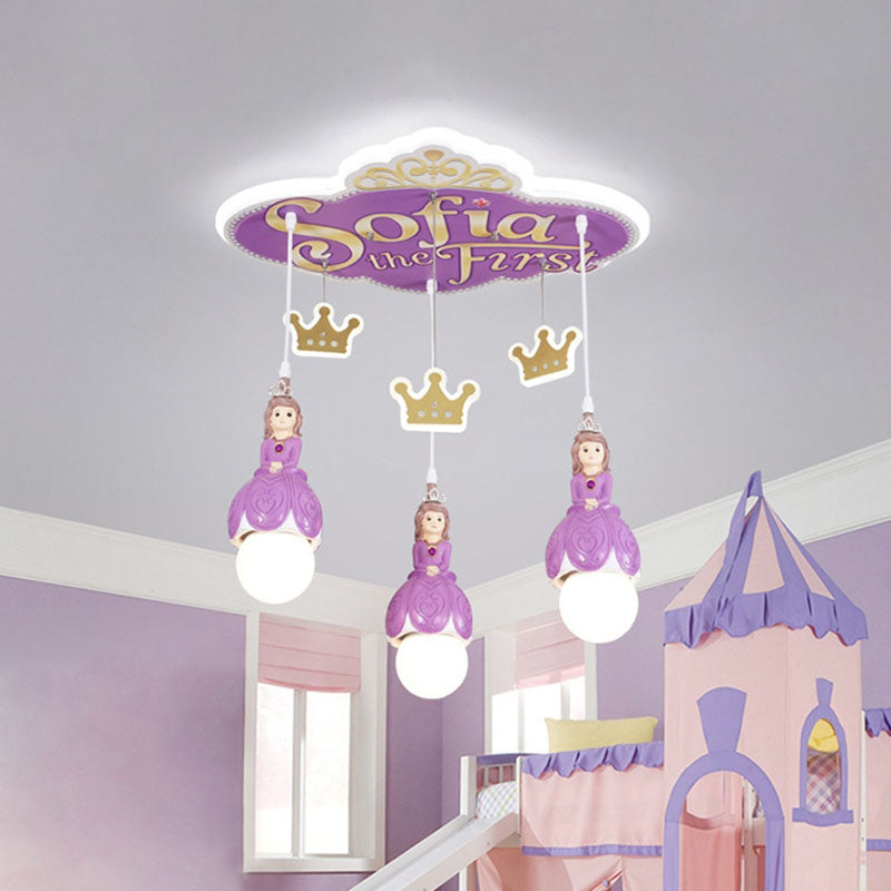 Purple Princess Crown Ceiling Light Cartoon 3 Heads Metal Cluster Pendant Lamp for Nursery Clearhalo 'Ceiling Lights' 'Pendant Lights' 'Pendants' Lighting' 898171