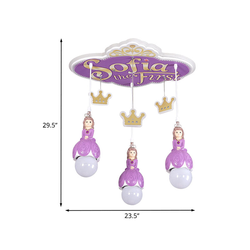 Purple Princess Crown Ceiling Light Cartoon 3 Heads Metal Cluster Pendant Lamp for Nursery Clearhalo 'Ceiling Lights' 'Pendant Lights' 'Pendants' Lighting' 898173