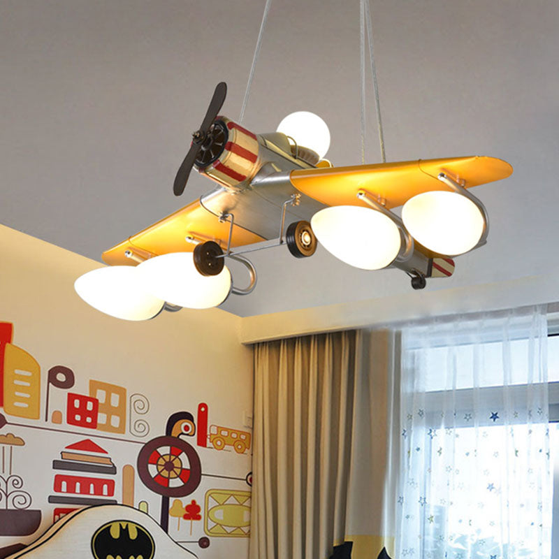 Yellow Aircraft Chandelier Lamp Cartoon 4-Light Metal Suspension Light with Cream Glass Shade Clearhalo 'Ceiling Lights' 'Chandeliers' Lighting' options 898179