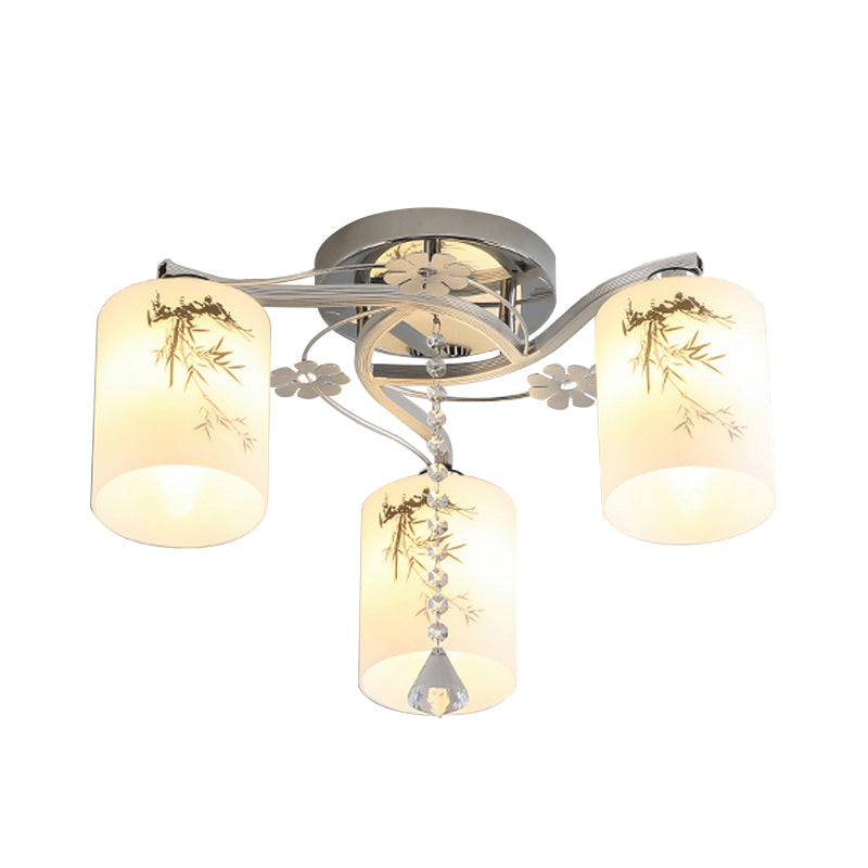 Minimal Cylindrical Semi-Flush Ceiling Light Frosted Glass 3 Lights Bedroom Flushmount in Chrome with Bamboo Pattern Clearhalo 'Ceiling Lights' 'Close To Ceiling Lights' 'Close to ceiling' 'Glass shade' 'Glass' 'Semi-flushmount' Lighting' 898331