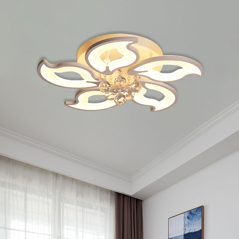 Leaf-Shape Semi Flush Lighting Modern Acrylic 5 Heads White LED Ceiling Flush with Crystal Orb Deco Clearhalo 'Ceiling Lights' 'Close To Ceiling Lights' 'Close to ceiling' 'Semi-flushmount' Lighting' 898355