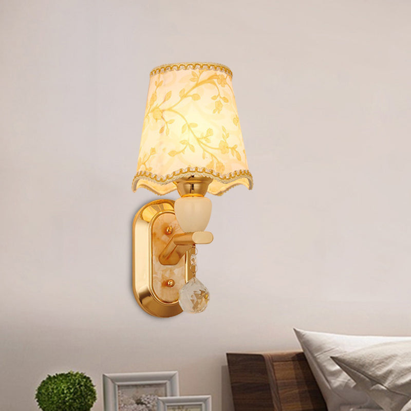 1 Head Bedroom Wall Mount Lamp Traditional Gold Finish Wall Lighting with Scalloped Barrel Fabric Shade Clearhalo 'Wall Lamps & Sconces' 'Wall Lights' Lighting' 898431