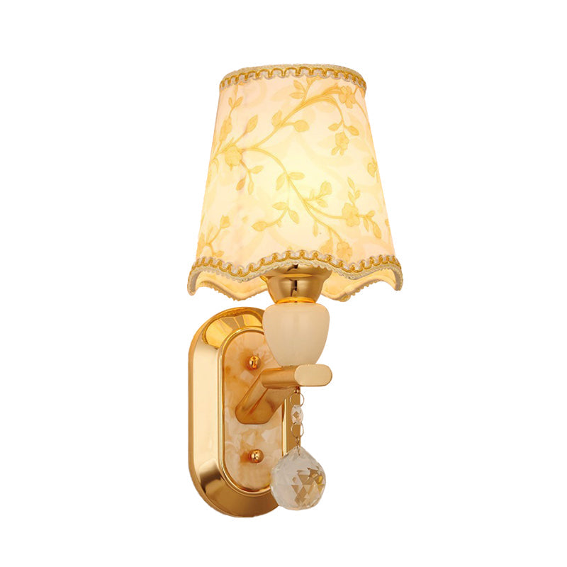 1 Head Bedroom Wall Mount Lamp Traditional Gold Finish Wall Lighting with Scalloped Barrel Fabric Shade Clearhalo 'Wall Lamps & Sconces' 'Wall Lights' Lighting' 898432