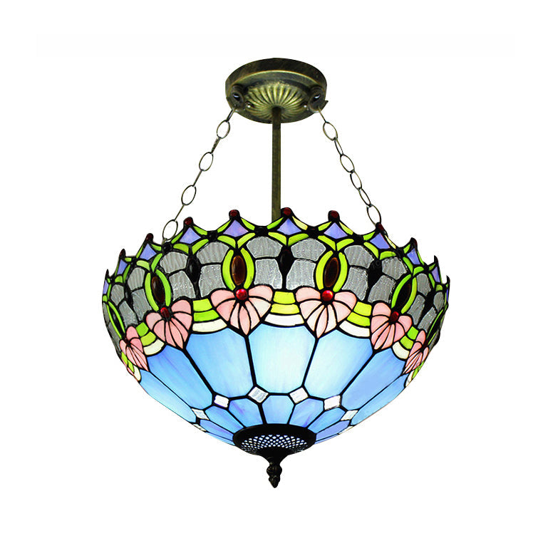 Blue Ceiling Light for Bedroom 3 Lights Jeweled Semi Flush Mount Lighting with Chain and Art Glass Shade 16