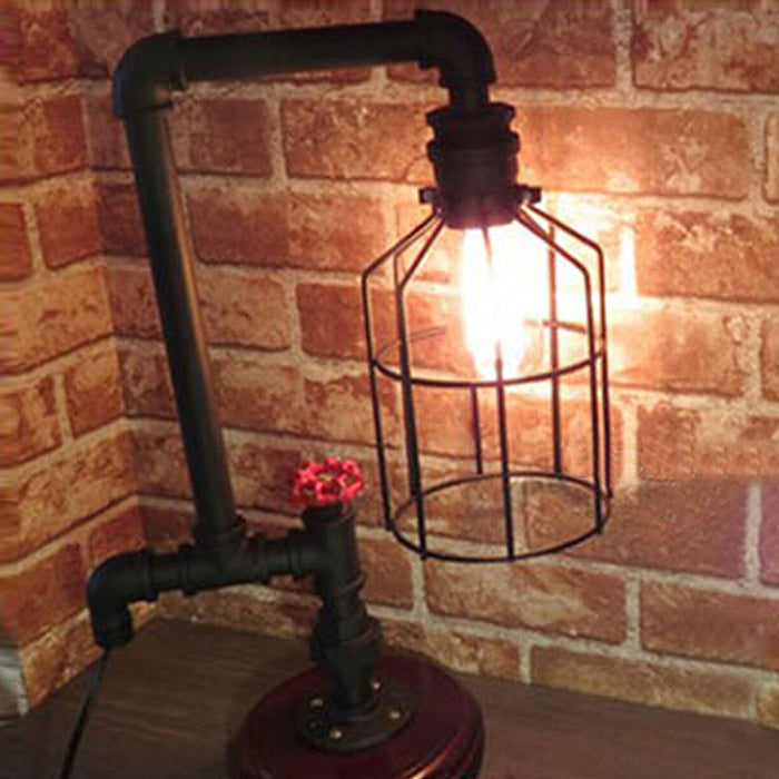 Industrial Birdcage Standing Table Light with Pipe and Valve 1 Light Metal Table Lamp in Black Black Clearhalo 'Lamps' 'Table Lamps' Lighting' 90050