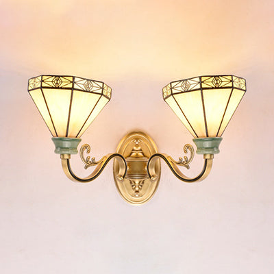 Traditional Cone Wall Lighting Beige Glass 2 Heads Sconce Lamp for Dining Room Beige Clearhalo 'Industrial' 'Middle century wall lights' 'Tiffany wall lights' 'Tiffany' 'Wall Lamps & Sconces' 'Wall Lights' Lighting' 90960