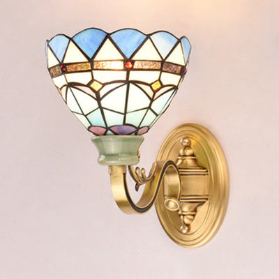 1 Head Wall Sconce Light Baroque Style Stained Glass Wall Mount Lamp in Blue for Bedroom Blue Clearhalo 'Industrial' 'Middle century wall lights' 'Tiffany wall lights' 'Tiffany' 'Wall Lamps & Sconces' 'Wall Lights' Lighting' 90970