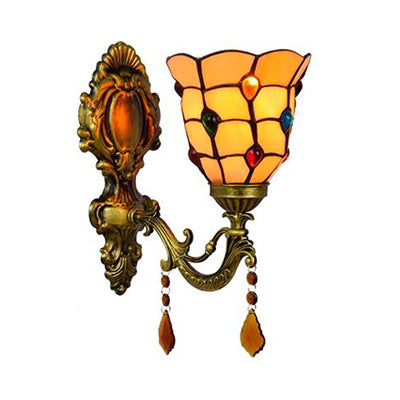 Amber Glass Bell Wall Sconce with Colorful Bead Vintage Style 1 Light Wall Lamp for Bedroom Clearhalo 'Industrial' 'Middle century wall lights' 'Tiffany wall lights' 'Tiffany' 'Wall Lamps & Sconces' 'Wall Lights' Lighting' 91004