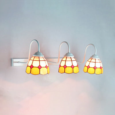 Yellow Glass White Wall Mounted Light Grid Patterned 3 Heads White Vanity Light Fixture Yellow Clearhalo 'Industrial' 'Middle century wall lights' 'Tiffany wall lights' 'Tiffany' 'Wall Lamps & Sconces' 'Wall Lights' Lighting' 91214