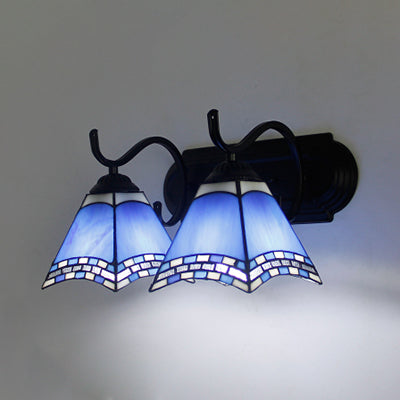 Nautical Pyramid Wall Lighting with Curved Arm Stained Glass 2 Heads Sconce Lamp in Blue Blue Clearhalo 'Industrial' 'Middle century wall lights' 'Tiffany wall lights' 'Tiffany' 'Wall Lamps & Sconces' 'Wall Lights' Lighting' 91216