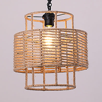 Roped Cylinder Hanging Ceiling Light Rustic Lodge 1 Light Coffee Shop Pendant Lighting in Beige Beige Clearhalo 'Ceiling Lights' 'Industrial Pendants' 'Industrial' 'Middle Century Pendants' 'Pendant Lights' 'Pendants' 'Tiffany' Lighting' 91327