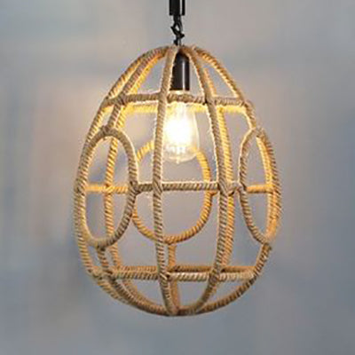 1 Bulb Pendant Lighting with Rope Oval Cage Shade Rustic Restaurant Suspended Lamp in Beige Beige Clearhalo 'Ceiling Lights' 'Industrial Pendants' 'Industrial' 'Middle Century Pendants' 'Pendant Lights' 'Pendants' 'Tiffany' Lighting' 91330