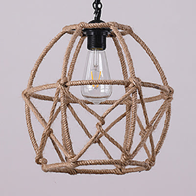 Rustic Geometric Cage Suspension Lamp 1 Bulb Rope Restaurant Ceiling Pendant Light in Beige Clearhalo 'Ceiling Lights' 'Industrial Pendants' 'Industrial' 'Middle Century Pendants' 'Pendant Lights' 'Pendants' 'Tiffany' Lighting' 91333