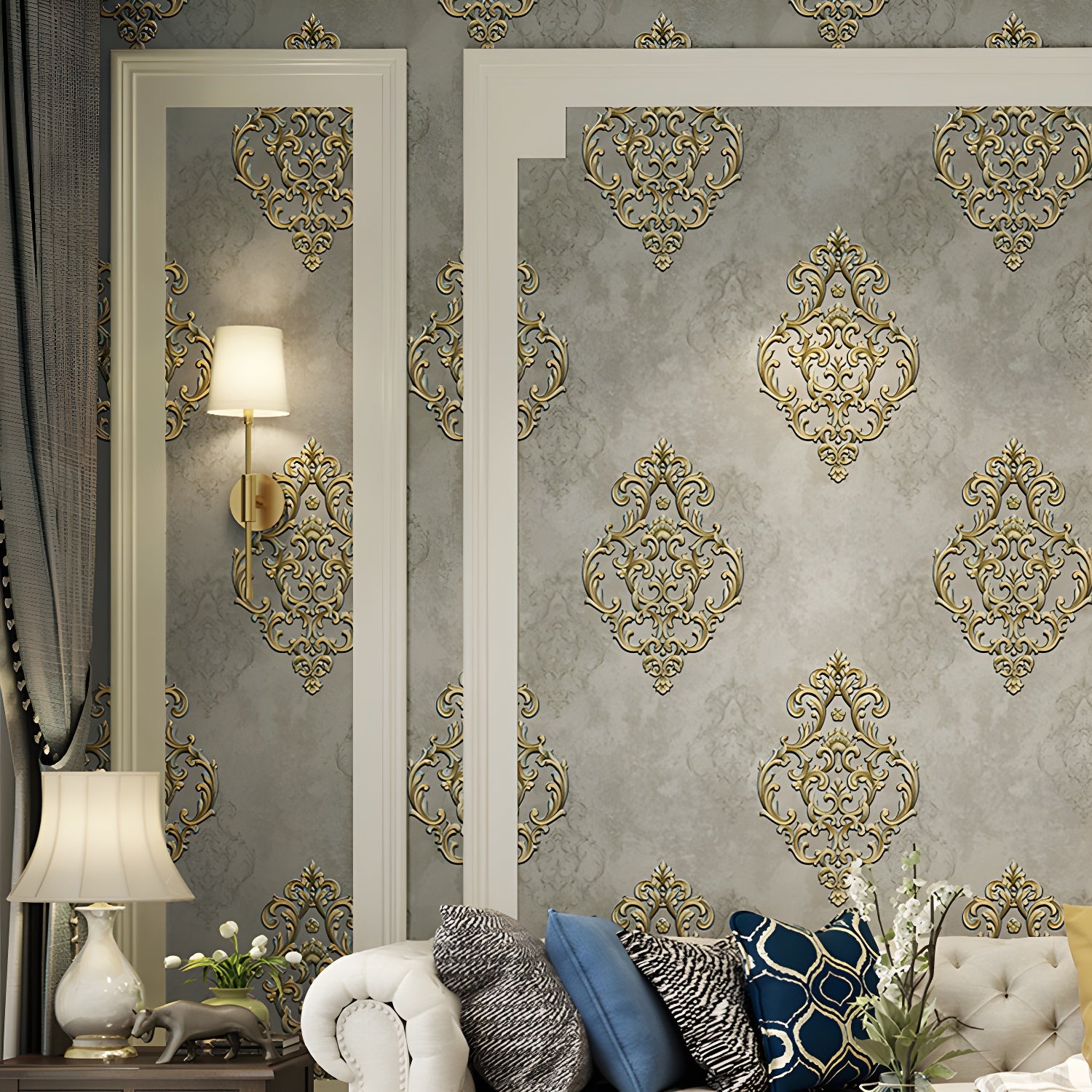 Pastel Color 57.1 sq ft. Wallpaper Non-Woven Moisture-Resistant 3D Print Damask Design Wall Covering Gold Clearhalo 'Vintage wall decor' 'Vintage' 'Wallpaper' Wall Decor' 914944