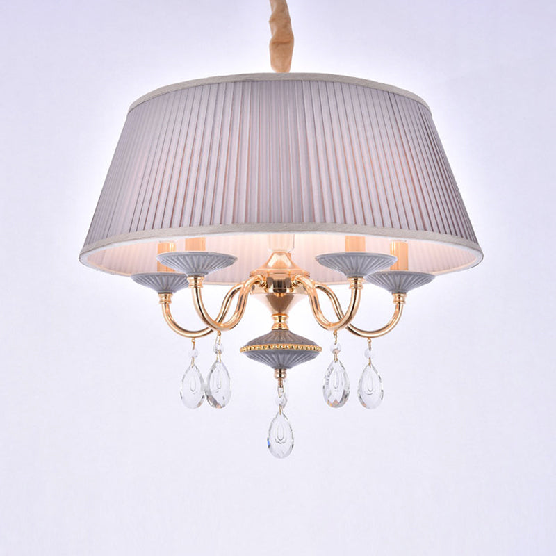 White/Grey Fabric Shade Chandelier Tapered Drum 5-Light Modernism Hanging Light Fixture Clearhalo 'Ceiling Lights' 'Chandeliers' 'Modern Chandeliers' 'Modern' Lighting' 915729