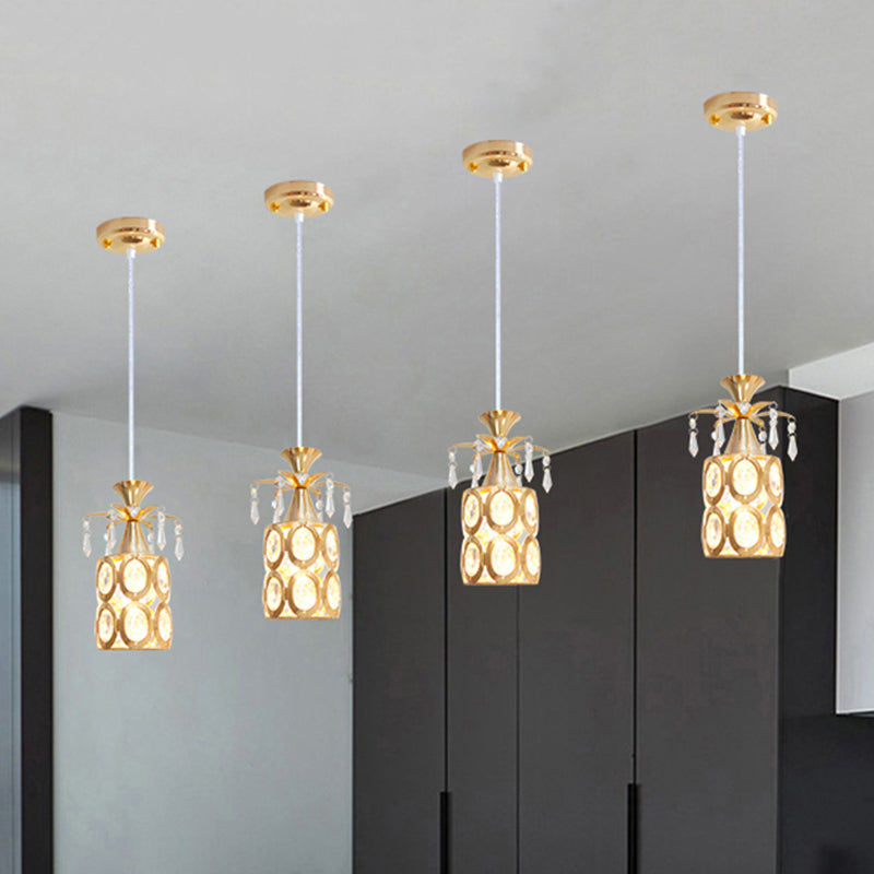 Gold Cylindrical Suspension Light Modernism 1-Light Crystal Embedded Hanging Pendant Gold Clearhalo 'Ceiling Lights' 'Modern Pendants' 'Modern' 'Pendant Lights' 'Pendants' Lighting' 916267