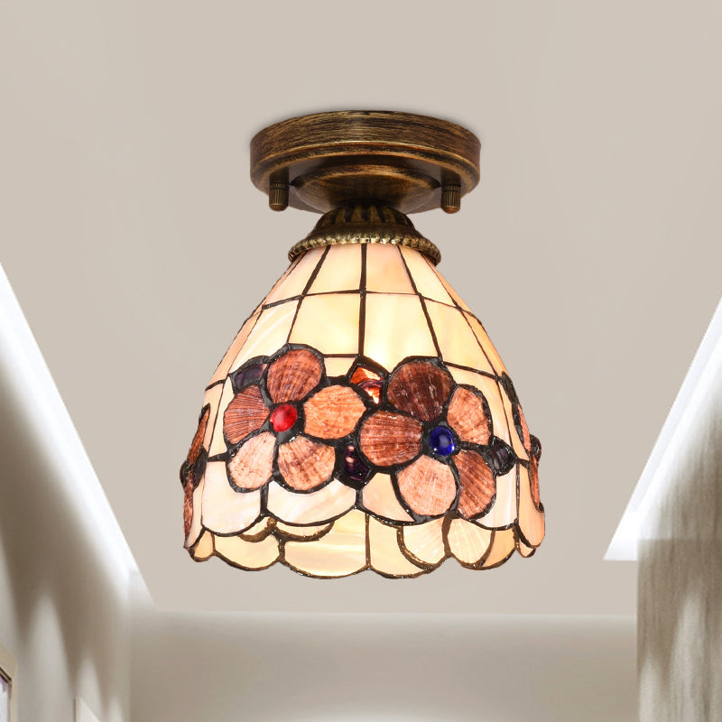 Tiffany Floral Bell Flush Mount 1-Light Shell Ceiling Light Fixture in Beige/Red-White/Pink for Living Room Pink Clearhalo 'Ceiling Lights' 'Close To Ceiling Lights' 'Close to ceiling' 'Flush mount' Lighting' 916352