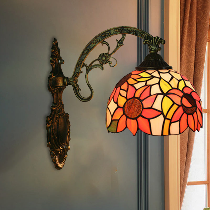 Rose/Sunflower Wall Mount Light Fixture Tiffany Hand-Cut Glass 1 Light Red/Green Wall Lighting Ideas Orange Clearhalo 'Art deco wall lights' 'Cast Iron' 'Glass' 'Industrial' 'Middle century wall lights' 'Modern' 'Tiffany wall lights' 'Tiffany' 'Traditional wall lights' 'Wall Lamps & Sconces' 'Wall Lights' Lighting' 916575