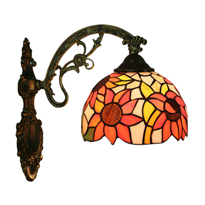 Rose/Sunflower Wall Mount Light Fixture Tiffany Hand-Cut Glass 1 Light Red/Green Wall Lighting Ideas Clearhalo 'Art deco wall lights' 'Cast Iron' 'Glass' 'Industrial' 'Middle century wall lights' 'Modern' 'Tiffany wall lights' 'Tiffany' 'Traditional wall lights' 'Wall Lamps & Sconces' 'Wall Lights' Lighting' 916577