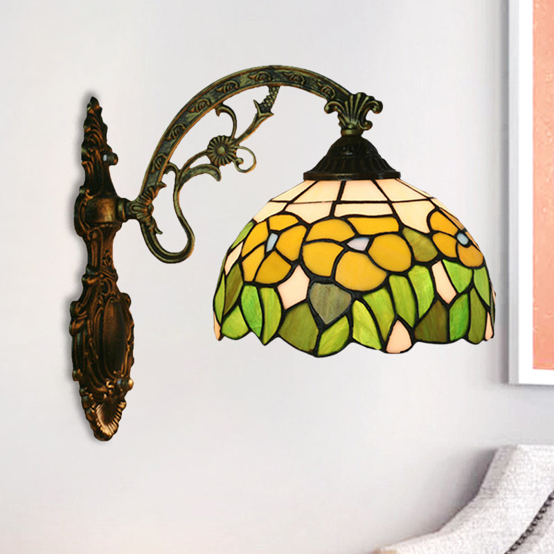 Rose/Sunflower Wall Mount Light Fixture Tiffany Hand-Cut Glass 1 Light Red/Green Wall Lighting Ideas Green Clearhalo 'Art deco wall lights' 'Cast Iron' 'Glass' 'Industrial' 'Middle century wall lights' 'Modern' 'Tiffany wall lights' 'Tiffany' 'Traditional wall lights' 'Wall Lamps & Sconces' 'Wall Lights' Lighting' 916584