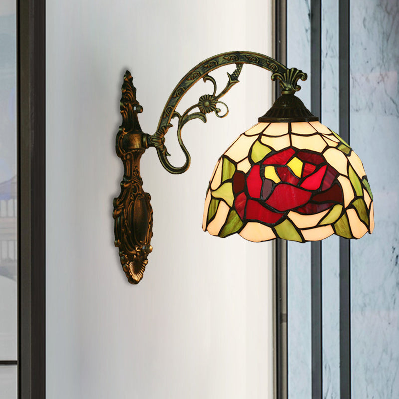 Rose/Sunflower Wall Mount Light Fixture Tiffany Hand-Cut Glass 1 Light Red/Green Wall Lighting Ideas Clearhalo 'Art deco wall lights' 'Cast Iron' 'Glass' 'Industrial' 'Middle century wall lights' 'Modern' 'Tiffany wall lights' 'Tiffany' 'Traditional wall lights' 'Wall Lamps & Sconces' 'Wall Lights' Lighting' 916590