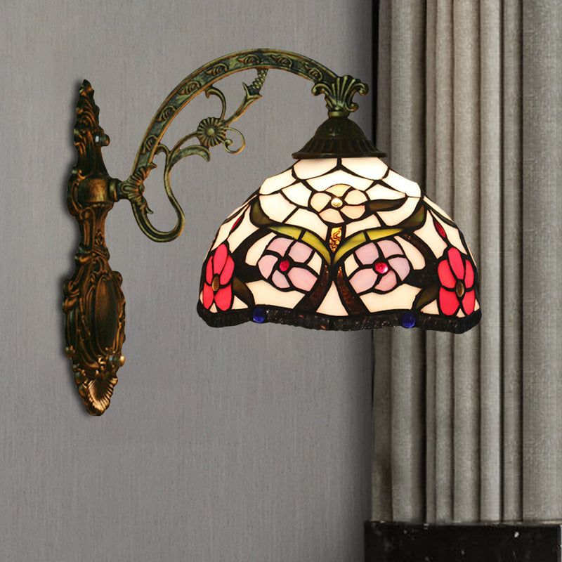 Bronze 1-Light Wall Lighting Fixture Tiffany Cut Glass Peony Pattern Bowl Wall Mount Light Bronze Clearhalo 'Art deco wall lights' 'Cast Iron' 'Glass' 'Industrial' 'Middle century wall lights' 'Modern' 'Tiffany wall lights' 'Tiffany' 'Traditional wall lights' 'Wall Lamps & Sconces' 'Wall Lights' Lighting' 916618