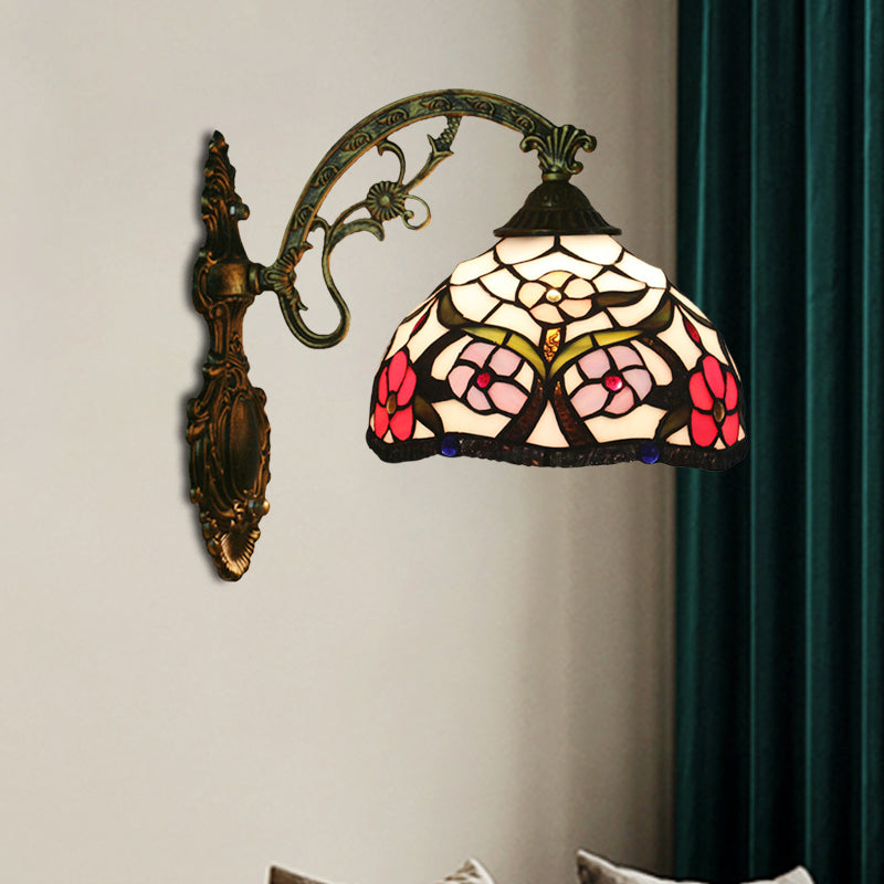 Bronze 1-Light Wall Lighting Fixture Tiffany Cut Glass Peony Pattern Bowl Wall Mount Light Clearhalo 'Art deco wall lights' 'Cast Iron' 'Glass' 'Industrial' 'Middle century wall lights' 'Modern' 'Tiffany wall lights' 'Tiffany' 'Traditional wall lights' 'Wall Lamps & Sconces' 'Wall Lights' Lighting' 916619