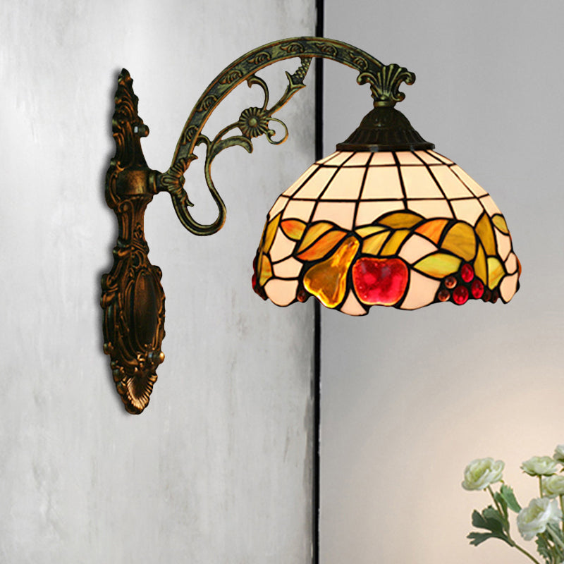 Bowl Shade Wall Mounted Lamp Tiffany Hand Cut Glass 1 Bulb Bronze Sconce Light Fixture with Fruit Pattern Bronze Clearhalo 'Art deco wall lights' 'Cast Iron' 'Glass' 'Industrial' 'Middle century wall lights' 'Modern' 'Tiffany wall lights' 'Tiffany' 'Traditional wall lights' 'Wall Lamps & Sconces' 'Wall Lights' Lighting' 916622