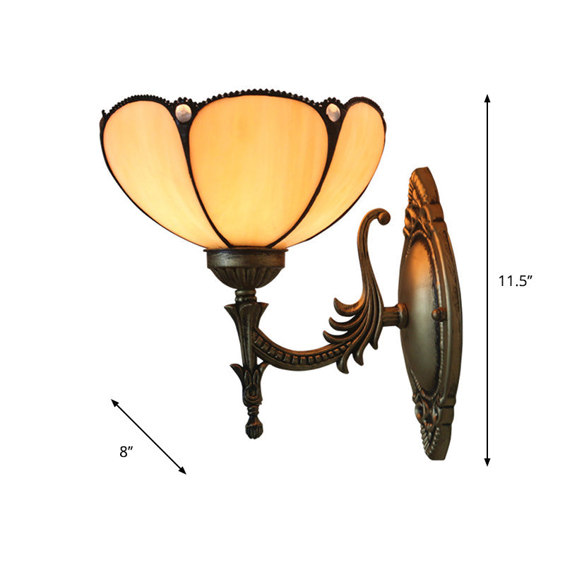 Flower/Bowl Wall Mount Light Fixture Tiffany Beige/Yellow Glass 1-Bulb Bronze Finish Wall Sconce Light Clearhalo 'Art deco wall lights' 'Cast Iron' 'Glass' 'Industrial' 'Middle century wall lights' 'Modern' 'Tiffany wall lights' 'Tiffany' 'Traditional wall lights' 'Wall Lamps & Sconces' 'Wall Lights' Lighting' 916658