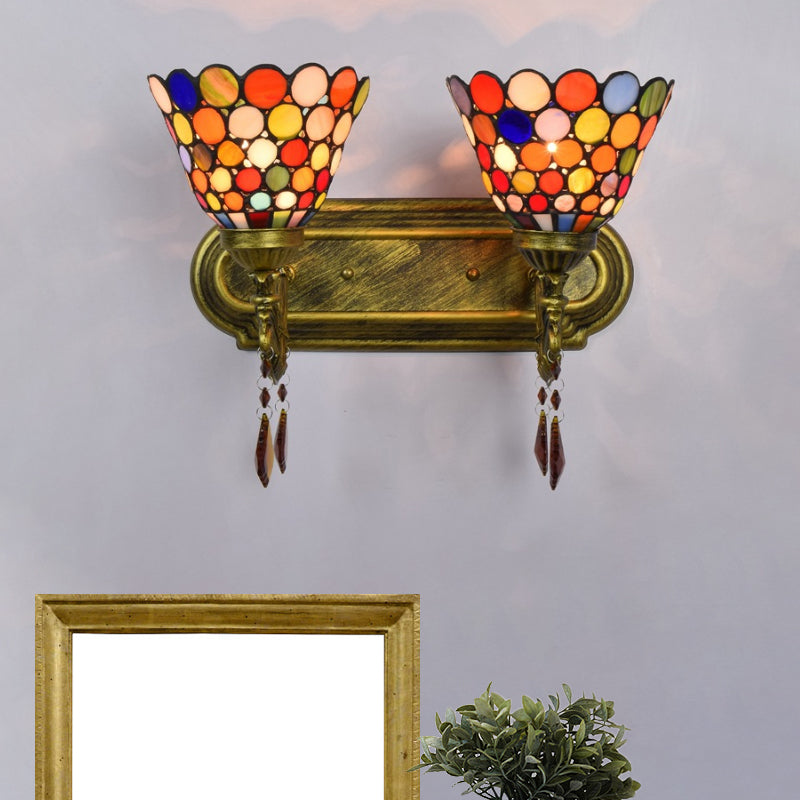 Bell Wall Mounted Light 2-Light Handcrafted Stained Glass Tiffany Sconce Lamp with Dots Design in Brass Brass Clearhalo 'Art deco wall lights' 'Cast Iron' 'Glass' 'Industrial' 'Middle century wall lights' 'Modern' 'Tiffany wall lights' 'Tiffany' 'Traditional wall lights' 'Wall Lamps & Sconces' 'Wall Lights' Lighting' 916738