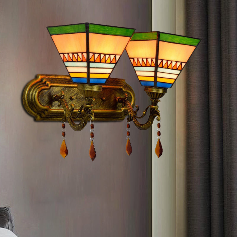 Brass 2 Bulbs Wall Mounted Lamp Mission Stained Glass 4-Sided Pyramid/Flared Wall Sconce Lighting Brass B Clearhalo 'Art deco wall lights' 'Cast Iron' 'Glass' 'Industrial' 'Middle century wall lights' 'Modern' 'Tiffany wall lights' 'Tiffany' 'Traditional wall lights' 'Wall Lamps & Sconces' 'Wall Lights' Lighting' 916742