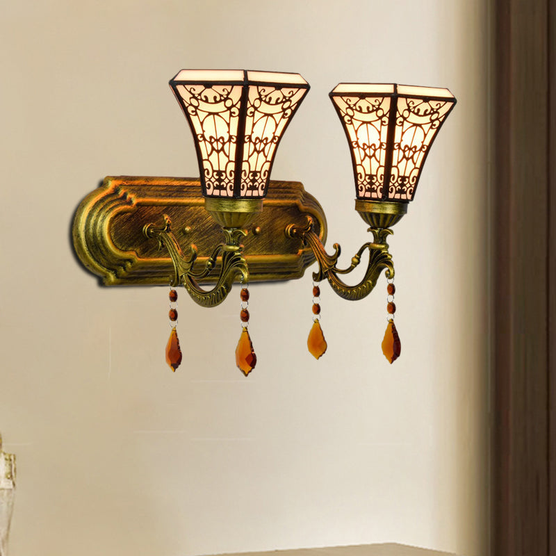 Brass 2 Bulbs Wall Mounted Lamp Mission Stained Glass 4-Sided Pyramid/Flared Wall Sconce Lighting Brass A Clearhalo 'Art deco wall lights' 'Cast Iron' 'Glass' 'Industrial' 'Middle century wall lights' 'Modern' 'Tiffany wall lights' 'Tiffany' 'Traditional wall lights' 'Wall Lamps & Sconces' 'Wall Lights' Lighting' 916746