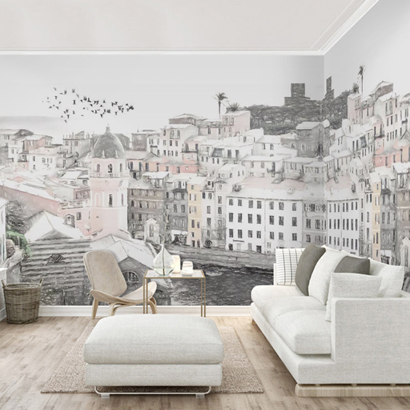 Giant Simple Wall Murals Grey and White Mediterranean Construction Wall Decor, Customized Size Available Pink Clearhalo 'Wall Decor' 'Wall Mural' 917024