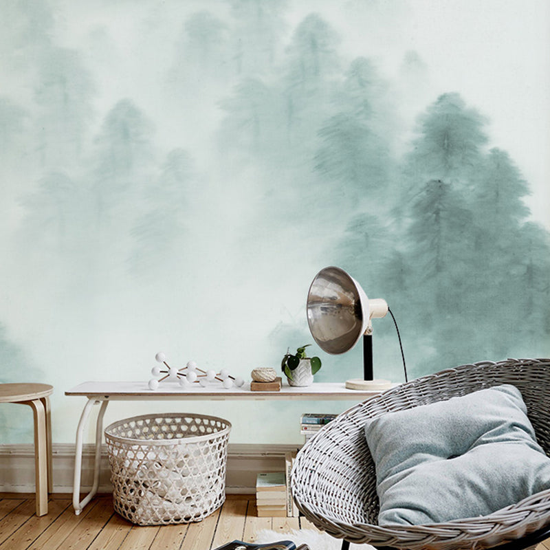 Mountain and Mist Mural Wallpaper Green and White Wall Covering for Accent Wall Blue-Green Clearhalo 'Wall Decor' 'Wall Mural' 917204