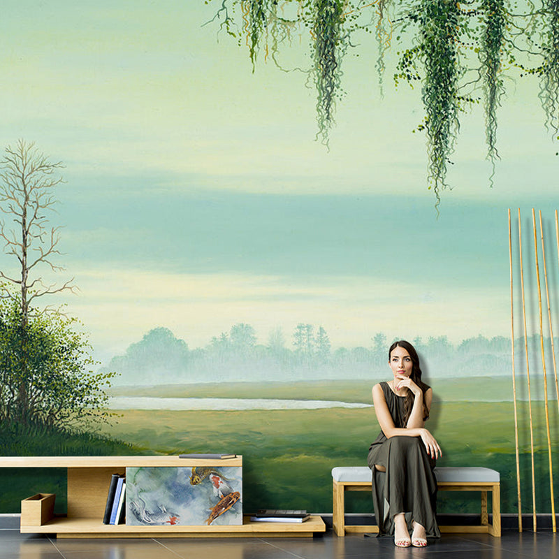 Non-Woven Fabric Whole Mural Wallpaper Fresh Green Countryside View Wall Covering, Made to Measure Green Clearhalo 'Wall Decor' 'Wall Mural' 917229