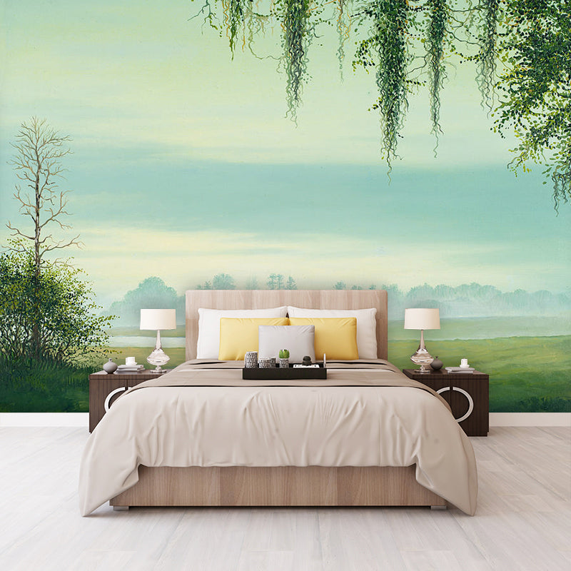 Non-Woven Fabric Whole Mural Wallpaper Fresh Green Countryside View Wall Covering, Made to Measure Clearhalo 'Wall Decor' 'Wall Mural' 917231