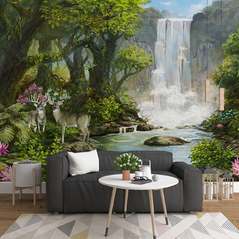 Fresh Color Wall Murals Rainforest and Waterfall Stain-Resistant Wall Art for Coffee Shop Clearhalo 'Wall Decor' 'Wall Mural' 917270