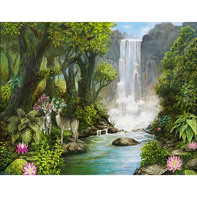 Fresh Color Wall Murals Rainforest and Waterfall Stain-Resistant Wall Art for Coffee Shop Clearhalo 'Wall Decor' 'Wall Mural' 917272