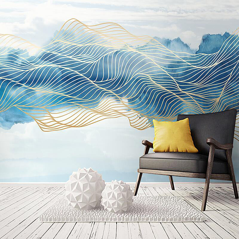 Natural Turquoise Murals with Mountain and Trellis Pattern for Accent Wall, Non-Woven Material Blue Clearhalo 'Wall Decor' 'Wall Mural' 917284