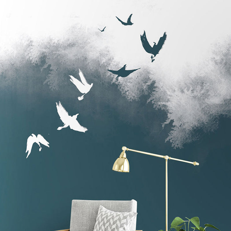 Bush and Flying Bird Mural Wallpaper in Green and White, Nostalgic Wall Covering for Living Room Green-White Clearhalo 'Wall Decor' 'Wall Mural' 917289