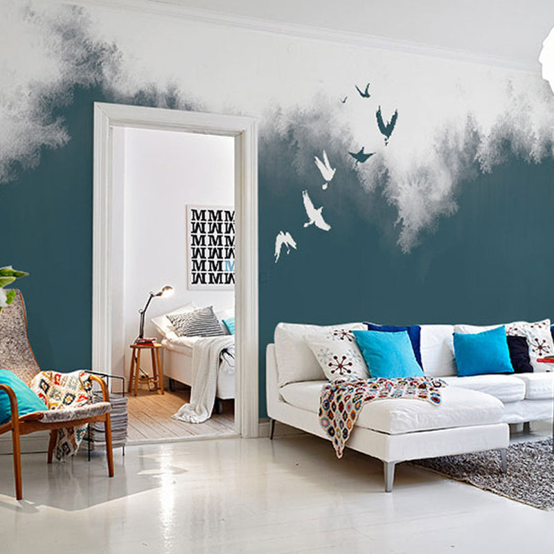 Bush and Flying Bird Mural Wallpaper in Green and White, Nostalgic Wall Covering for Living Room Clearhalo 'Wall Decor' 'Wall Mural' 917291