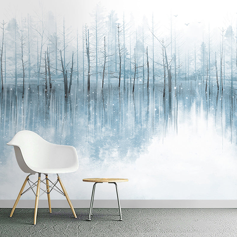 Whole Illustration Fresh Mural Wallpaper for Coffee Shop and Restaurant with Lake and Tree in Pastel Blue Clearhalo 'Wall Decor' 'Wall Mural' 917300