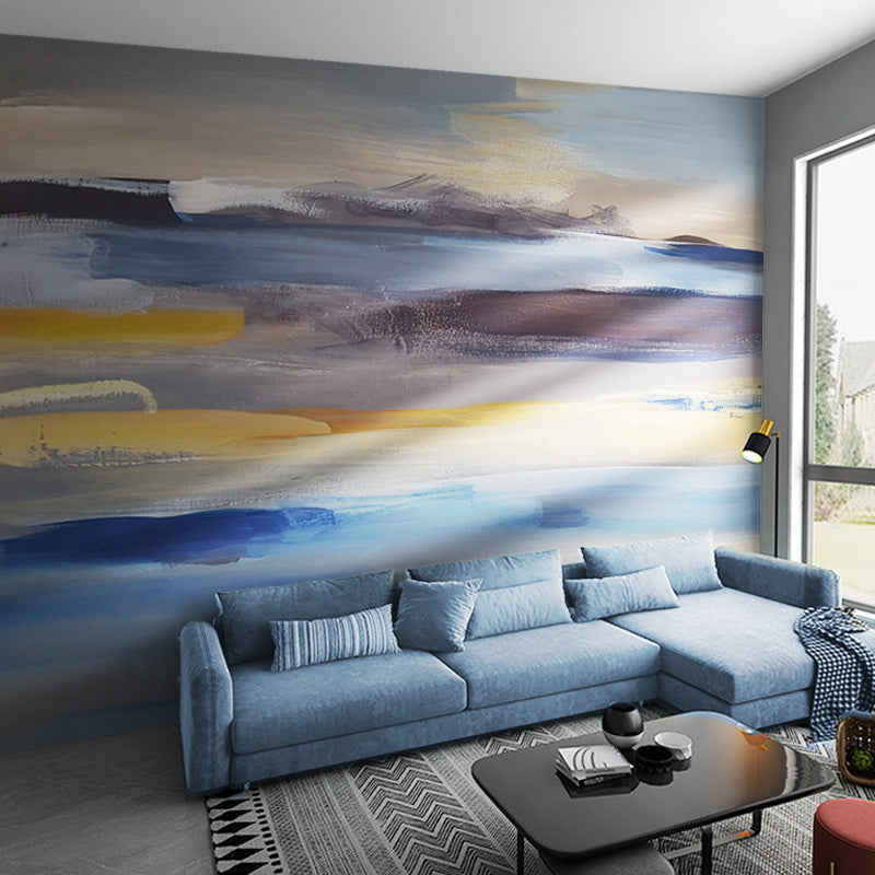 Murals with Sunrise and Sky and Sea of Watercolors Style in Gold and Blue, Abstract Wall Decor for Guest Room Clearhalo 'Wall Decor' 'Wall Mural' 917327