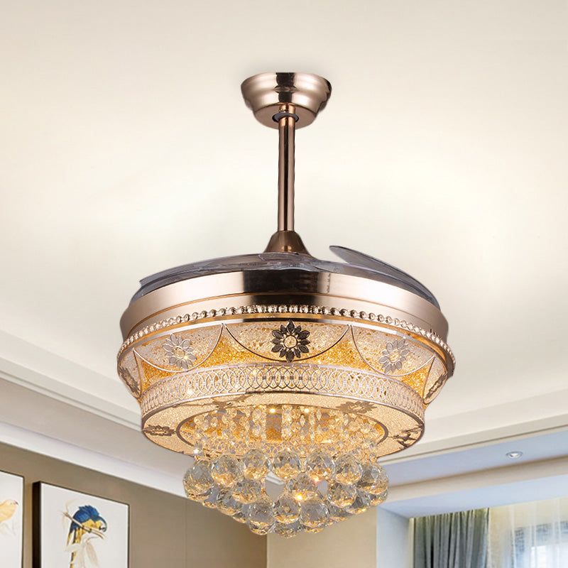 Rose Gold LED Ceiling Fan Light Modern Crystal Round Semi Flush Mount with 3 Retractable Blades, 42.5