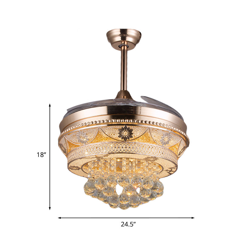 Rose Gold LED Ceiling Fan Light Modern Crystal Round Semi Flush Mount with 3 Retractable Blades, 42.5