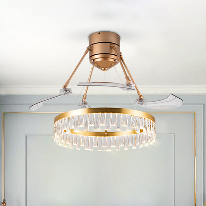 Crystal Prism Gold LED Fan Light Circular 3-Blade Postmodern Style Semi Flush Mount Ceiling Light, 48
